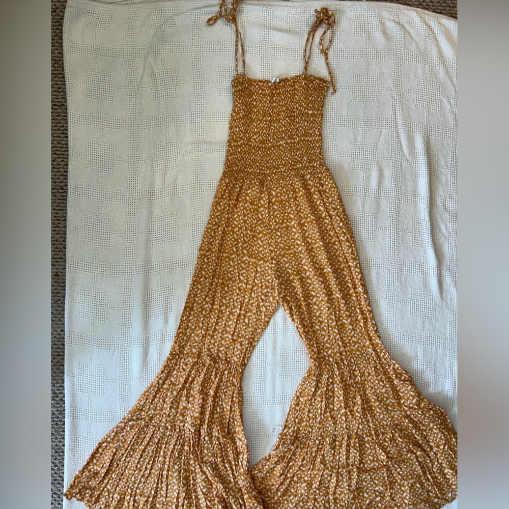 Spaghetti Strap Yellow Patterned Bohemian Jumpsuit